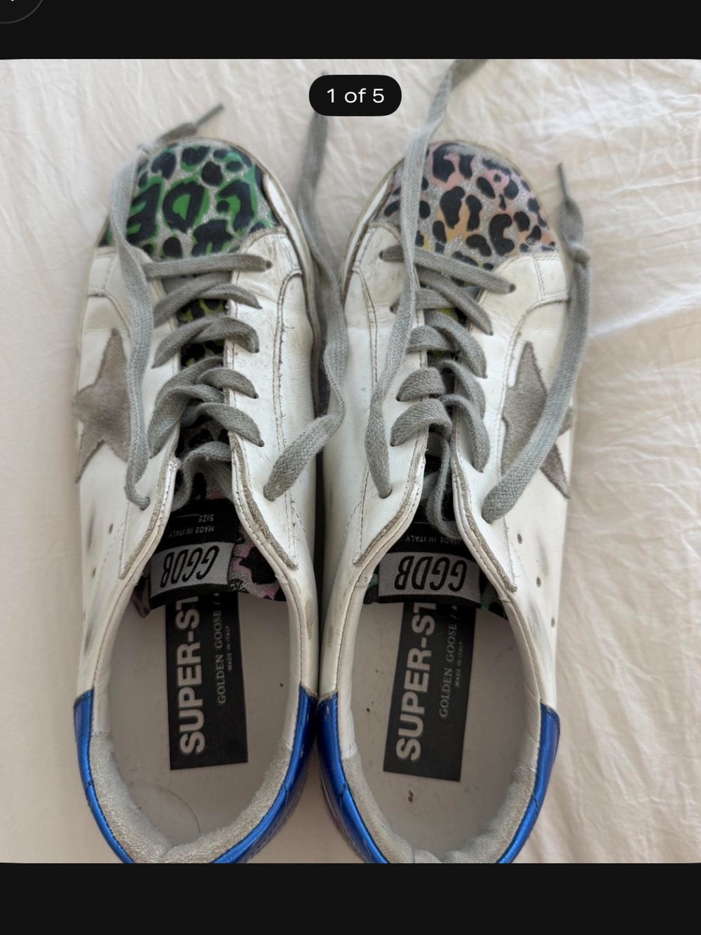 Golden Goose women’s White Sneakers with Blue Heel and Leopard Tongue